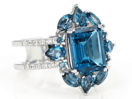 5.11ctw Mixed Shapes London Blue Topaz With .19ctw White Zircon Rhodium Over Silver Ring - Size 9