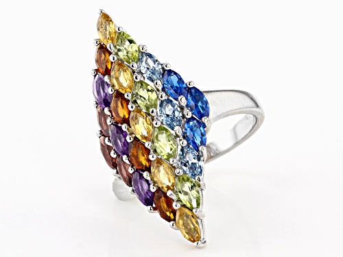 3.38ctw Marquise Multi-Color Gemstone Rhodium Over Sterling Silver Rainbow Ring - Size 7