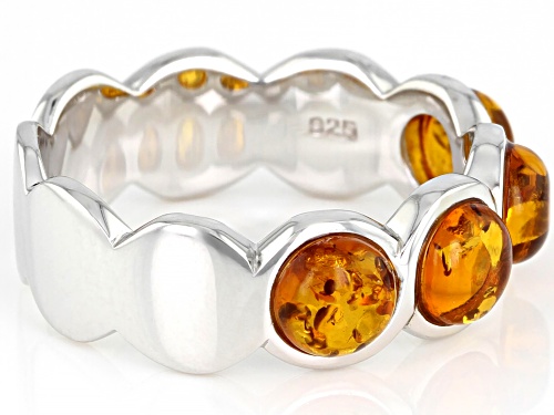 5MM ROUND CABOCHON AMBER RHODIUM OVER STERLING SILVER BAND RING - Size 8