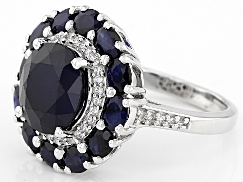 4.80ctw Round And Oval Blue Sapphire With .28ctw Round White Zircon Rhodium Over Silver Ring - Size 8