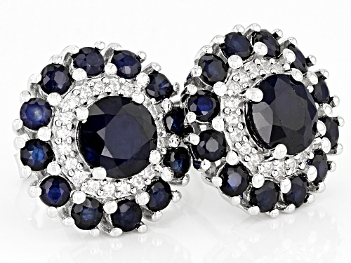 3.16ctw Round Blue Sapphire and .24ctw Round White Zircon, Rhodium Over Silver Earrings