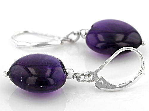 18.00ctw Heart Shape Double Cabochon African Amethyst Rhodium Over Sterling Silver Dangle Earrings