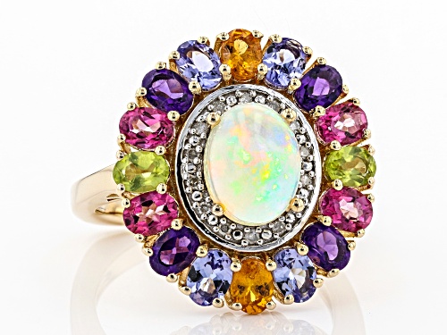 3.72ctw Ethiopian Opal & Multi-Gemstone With Diamond Accent 18k Yellow Gold Over Silver Ring - Size 5