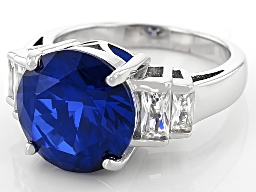 5.74ct Round Lab Blue Spinel With 0.55ctw Lab White Sapphire Rhodium Over Sterling Silver Ring - Size 8