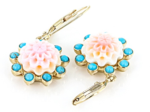 10mm Pink Carved Conch Shell With 2mm Round Sleeping Beauty Turquoise 18k Gold Over Silver Earrings