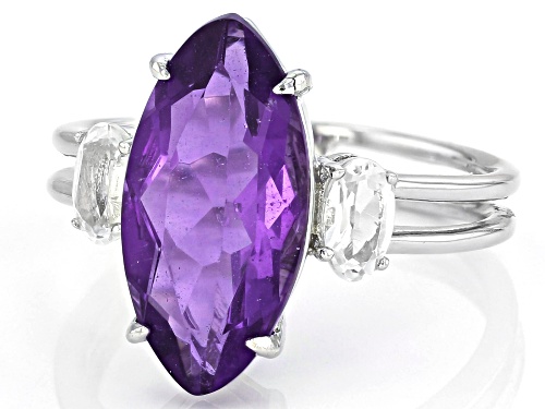 3.83ct Color Change Fluorite With .48ctw White Topaz Rhodium Over Sterling Silver 3-Stone Ring - Size 9
