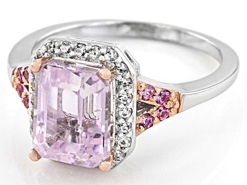 2.45ct Octagonal Kunzite, 0.13ctw Pink Sapphire, 0.26ctw White Zircon Rhodium Over Silver Ring - Size 8