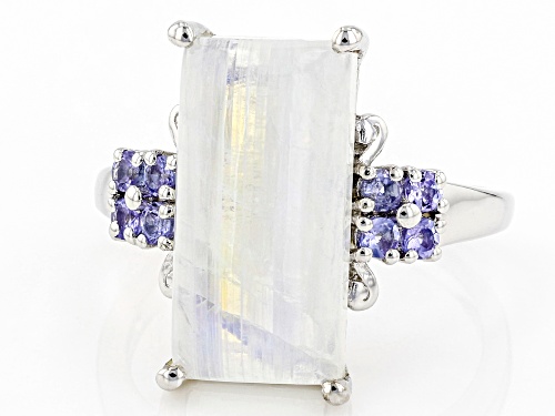 16x8mm Baguette Cabochon Rainbow Moonstone With 0.32ctw Tanzanite Rhodium Over Sterling Silver Ring - Size 7