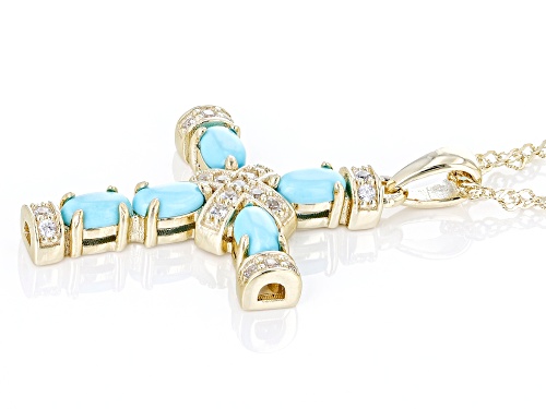5x3mm Sleeping Beauty Turquoise With 0.18ctw Zircon 18k Yellow Gold Over Silver Cross Pendant/Chain