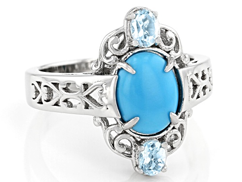 9X7mm Oval Sleeping Beauty Turquoise With 0.37ctw Glacier Topaz Rhodium Over Sterling Silver Ring - Size 8
