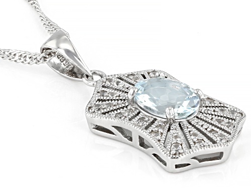 0.85ct Oval Aquamarine and 0.19ctw Round White Zircon Rhodium Over Sterling Silver Pendant Chain.