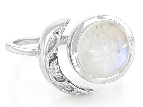 10mm Round Cabocohon Rainbow Moonstone Rhodium Over Sterling Silver Solitaire Ring - Size 6