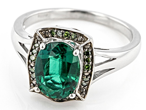 1.40ct Green Lab Created Emerald With 0.06ctw Green Diamond Rhodium Over Sterling Silver Ring - Size 9