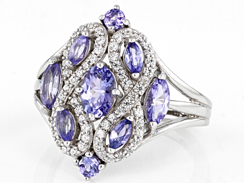 1.15ctw Mixed Shaped Tanzanite With 0.20ctw White Zircon Rhodium Over Sterling Silver Ring - Size 8