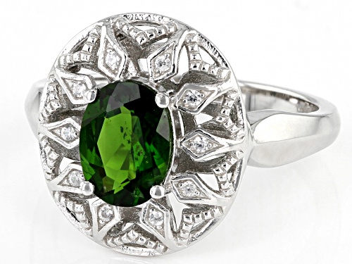 1.19ct Oval Chrome Diopside and 0.04ctw White Zircon Rhodium Over Sterling Silver Ring. - Size 8
