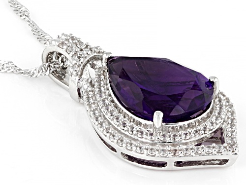 5.95ct Pear Shaped African Amethyst With 1.08ctw White Zircon Rhodium Over Silver Pendant Chain