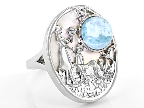 8mm Larimar and 24x19mm Mother of Pearl Rhodium Over Sterling Silver Ring - Size 7