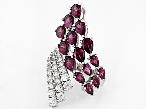 4.66ctw Pear shaped Raspberry Color Rhodolite and 2.13ctw White Zircon Rhodium Over Silver Ring - Size 7