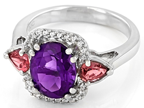 1.95ct Oval Amethyst With 0.48ctw Tourmaline & 0.19ct White Zircon Rhodium Over Sterling Silver Ring - Size 8