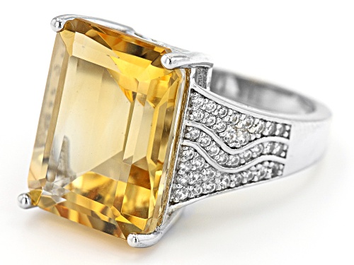 9.98ct Octagonal Citrine With 0.53ctw Round White Zircon Rhodium Over Sterling Silver Ring - Size 7