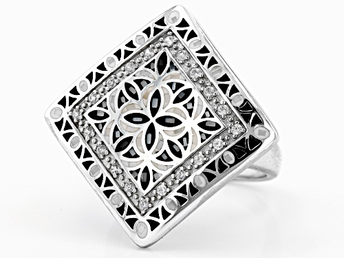 Mother Of Pearl With 0.26ctw Round White Zircon Rhodium Over Sterling Silver Ring - Size 8