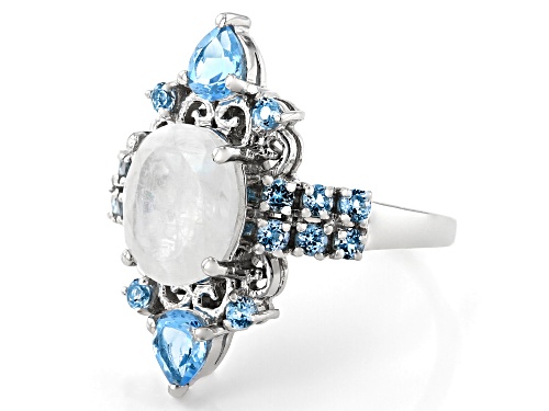 10x8mm Rainbow Moonstone With 1.02ctw Swiss Blue Topaz Rhodium Over Sterling Silver Ring - Size 9