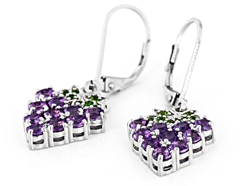 1.87ctw Round African Amethyst With 0.12ctw Chrome Diopside Rhodium Over Silver Grape Earrings