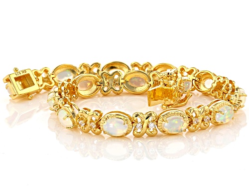 2.98ctw Oval Ethiopian Opal With .48ctw White Zircon 18k Yellow Gold Over Silver Bracelet - Size 8