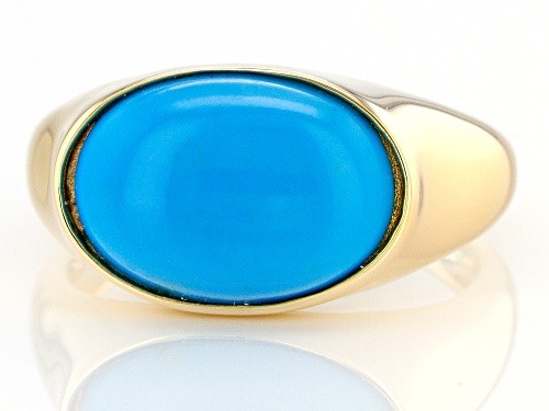 14x10mm Oval Sleeping Beauty Turquoise Solitaire 18K Yellow Gold Over Silver Ring - Size 10