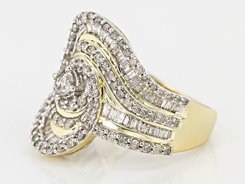 1.50ctw Round And Baguette White Diamond 10k Yellow Gold Crossover Ring - Size 7