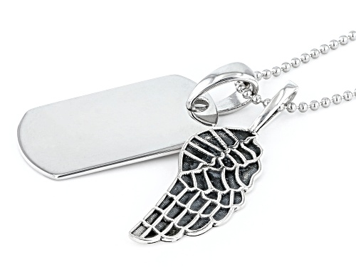 Koadon® Rhodium Over Sterling Silver Dog Tag And Angel Wing Pendant With Chain