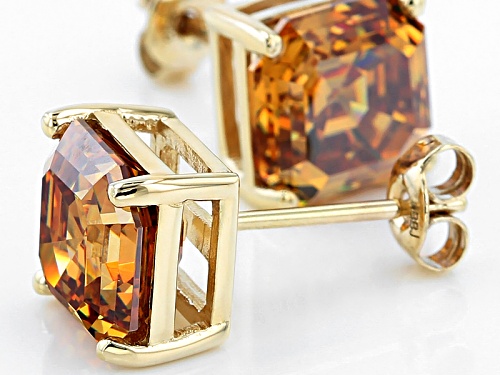 6.98ctw Asscher Cut Champagne Strontium Titanate 10K Yellow Gold Earrings.