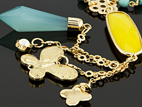 Katy Richards ™ Simulant Turquoise Yellow Resin Pearl Simulant Gold Tone Dangle Necklace