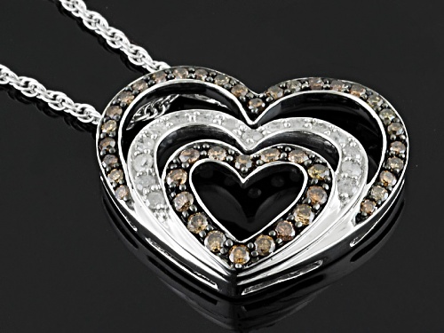 .66ctw Round Champagne And White Diamond Rhodium Over Sterling Silver Heart Pendant With 18
