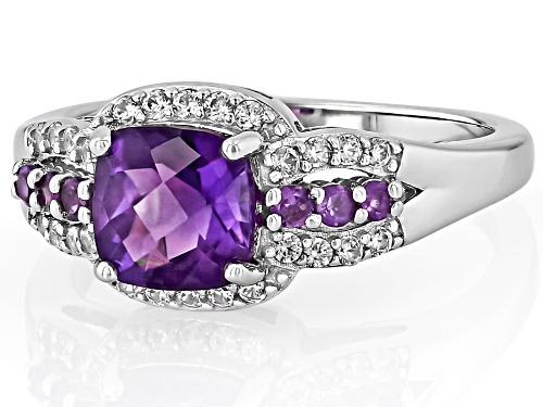 1.30ct Cushion And 0.15ctw Round African Amethyst With .24ctw White Zircon Rhodium Over Silver Ring - Size 9