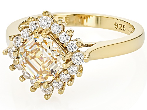 2.41ct Asscher Cut Strontium Titanate & 0.23ctw Moissanite 18k Yellow Gold Over Sterling Silver Ring - Size 9