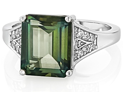 3.59ct Rectangular Octagonal Labradorite With .11ctw White Zircon Rhodium Over Silver Ring - Size 10