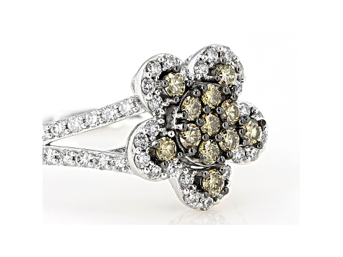 0.85ctw Round White And Champagne Lab-Grown Diamond 14k White Gold Flower Cluster Ring - Size 8
