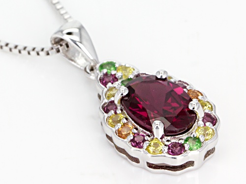 1.32ctw Raspberry Color Rhodolite, 15ctw Sapphire & .04ctw Tsavorite silver pendant with chain