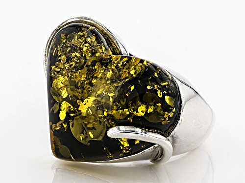 Heart Shape Cabochon Amber Solitaire Sterling Silver Ring - Size 7