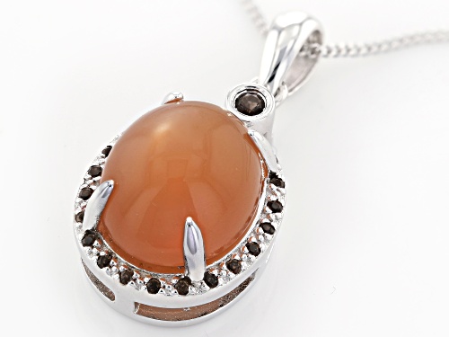 12x10mm oval peach moonstone with .12ctw round Smoky quartz silver pendant with chain