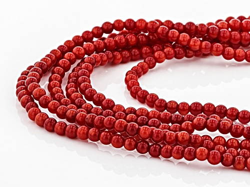 4-5mm round red coral sterling silver 6-row bead necklace - Size 18