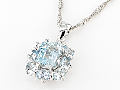 2.17ctw Emerald Cut, Oval Aquamarine Rhdoium Over Sterling Silver Pendant With Chain