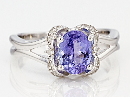 1.18ct oval tanzanite with .04ctw round white diamond sterling silver ring - Size 9