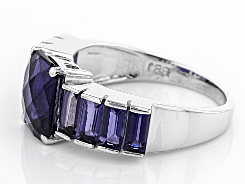 3.54CTW RECTANGULAR AND BAGUETTE IOLITE RHODIUM OVER STERLING SILVER RING - Size 6