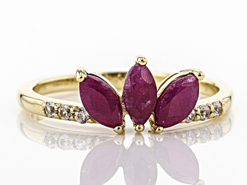 .76ctw Marquise Ruby and .10ctw Round White Zircon 10k Yellow Gold 3-Stone Ring - Size 7