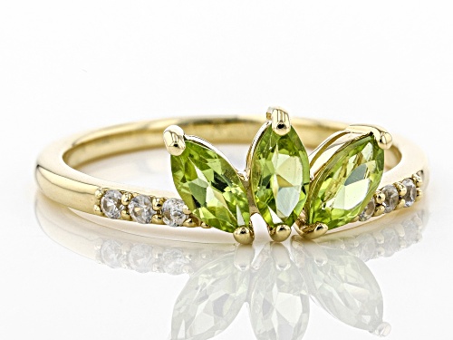 0.66ctw Marquise Manchurian Peridot(TM) With 0.10ctw Round White Zircon 10k Yellow Gold 3-Stone Ring - Size 9
