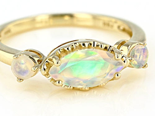 .54ct 10x5mm Marquise and .14ctw 3mm Round Ethiopian Opal 10k Yellow Gold 3-Stone Ring - Size 10