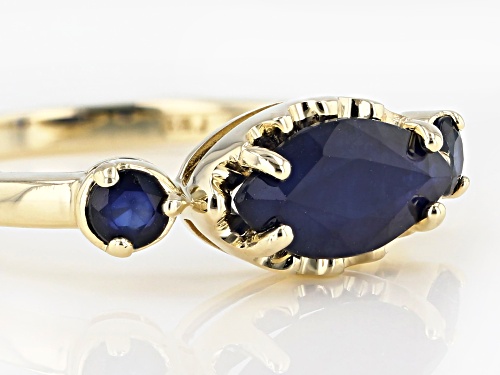 1.24ctw Marquise And Round Blue Sapphire 10k Yellow Gold 3-Stone Ring - Size 6