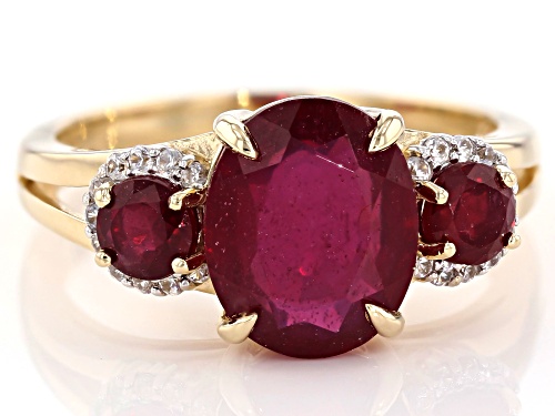 4.11ctw Oval and Round Mahaleo® Ruby with .13ctw Round White Zircon 10k Yellow Gold Ring - Size 8